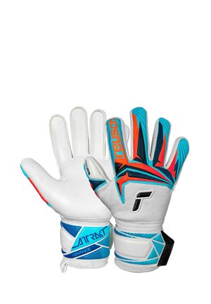 White goalkeeper gloves with blue, orange, and black geometric patterns, branded "Reusch" and "Attract Advance" on wrist straps.