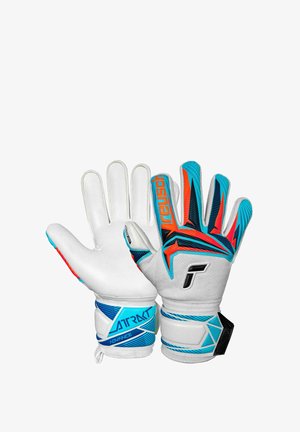 Guantes de portero blancos con patrones geométricos en azul, naranja y negro, con la marca "Reusch" y "Attract Advance" en las correas de la muñeca.