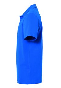 Polo shirt blu in misto cotone, con colletto classico e maniche corte, orlo dritto e texture liscia.