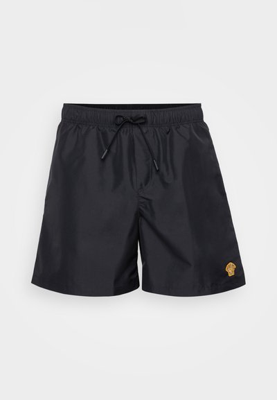 Black swim shorts made of lightweight material, featuring an elastic waistband with drawstring and a small yellow embroidered emblem.