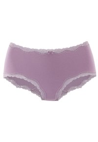 Helllila Damenunterwäsche aus weichem Stoff, mit Spitze entlang der Taille und Beinausschnitten sowie einem kleinen Schleifendetail in der Mitte vorne.