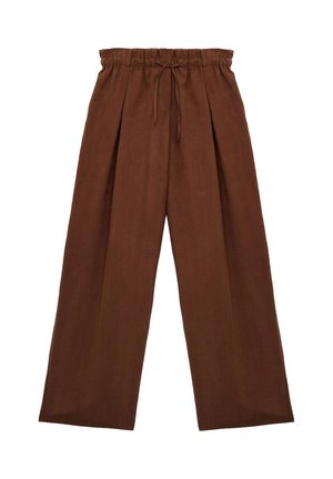 Brune bukser med vide ben, elastisk talje og bindebånd, lavet af blødt stof, med forreste folder for ekstra stil.