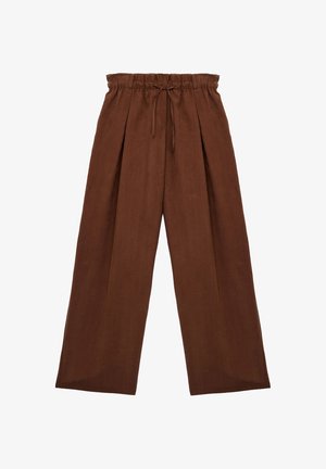 Pantalones marrones de pierna ancha con cintura elástica y cordón, hechos de tela suave, con pliegues delanteros para un estilo adicional.