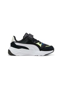 Scarpa atletica nera realizzata in materiali in rete e suede, con una suola intermedia bianca, cinturino regolabile e dettagli colorati in verde e blu.