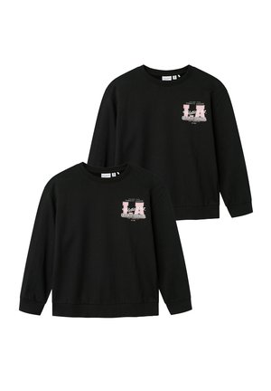 Black cotton sweatshirts with long sleeves and round necks, featuring a graphic print in pink and white on the upper left chest area.