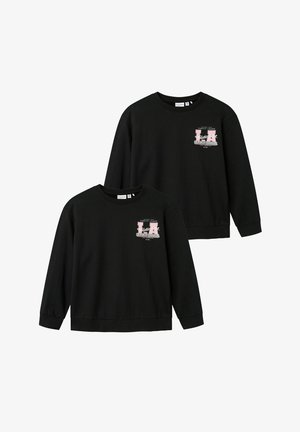 Black cotton sweatshirts with long sleeves and round necks, featuring a graphic print in pink and white on the upper left chest area.