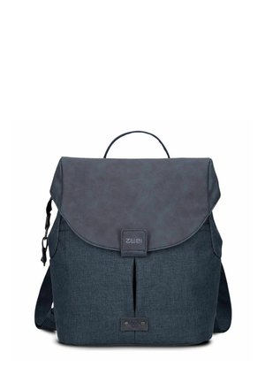 Modern dark blue fabric backpack with flap closure, top handle, and adjustable shoulder straps, branded "zwei" on front flap tab.