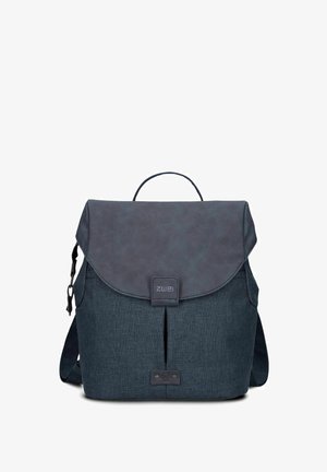 Modern dark blue fabric backpack with flap closure, top handle, and adjustable shoulder straps, branded "zwei" on front flap tab.