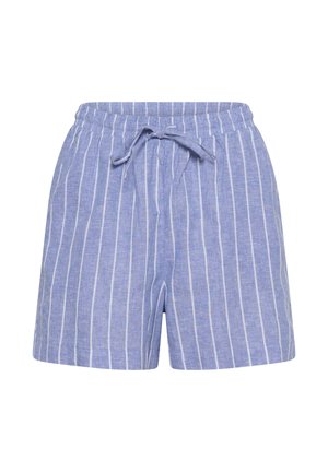 Sinivalkoiset pystysuorat raidat, joustava vyötärönauha ja edessä kiristysnauha sinisissä shortseissa.