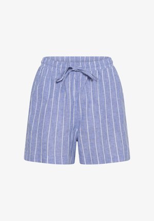 Sinivalkoiset pystysuorat raidat, joustava vyötärönauha ja edessä kiristysnauha sinisissä shortseissa.