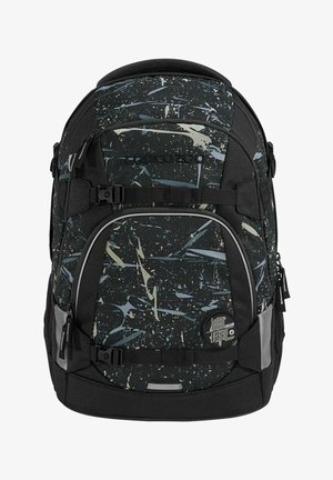 Zaino nero con motivo astratto a macchie blu e beige, tessuto testurizzato, due tasche anteriori, spallacci regolabili e dettaglio del brand.