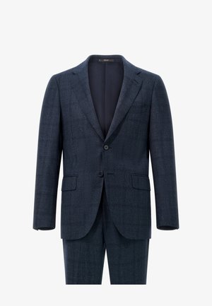 Donkerblauw heren colbert met een getextureerd patroon, sluiting met één knoop, gelapte revers en twee voorzakken. Gewatteerd interieur.