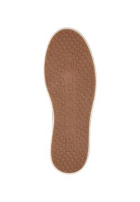 Braune Gummisohle mit strukturiertem Grip-Muster. Mit "TOM TAILOR" Branding in der Mitte und einem weißen Rand um den Umfang.