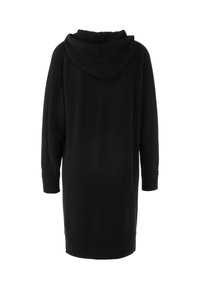 Schwarzes Kapuzenkleid aus einem strukturierten Material, mit langen Ärmeln, gerippten Bündchen und einem lockeren Schnitt, der bis zur Mitte des Oberschenkels reicht.