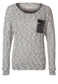 Ljusgrå och svart stickad tröja med rund halslinning, långa ärmar och en liten svart dragkedjeficka på vänster bröst.