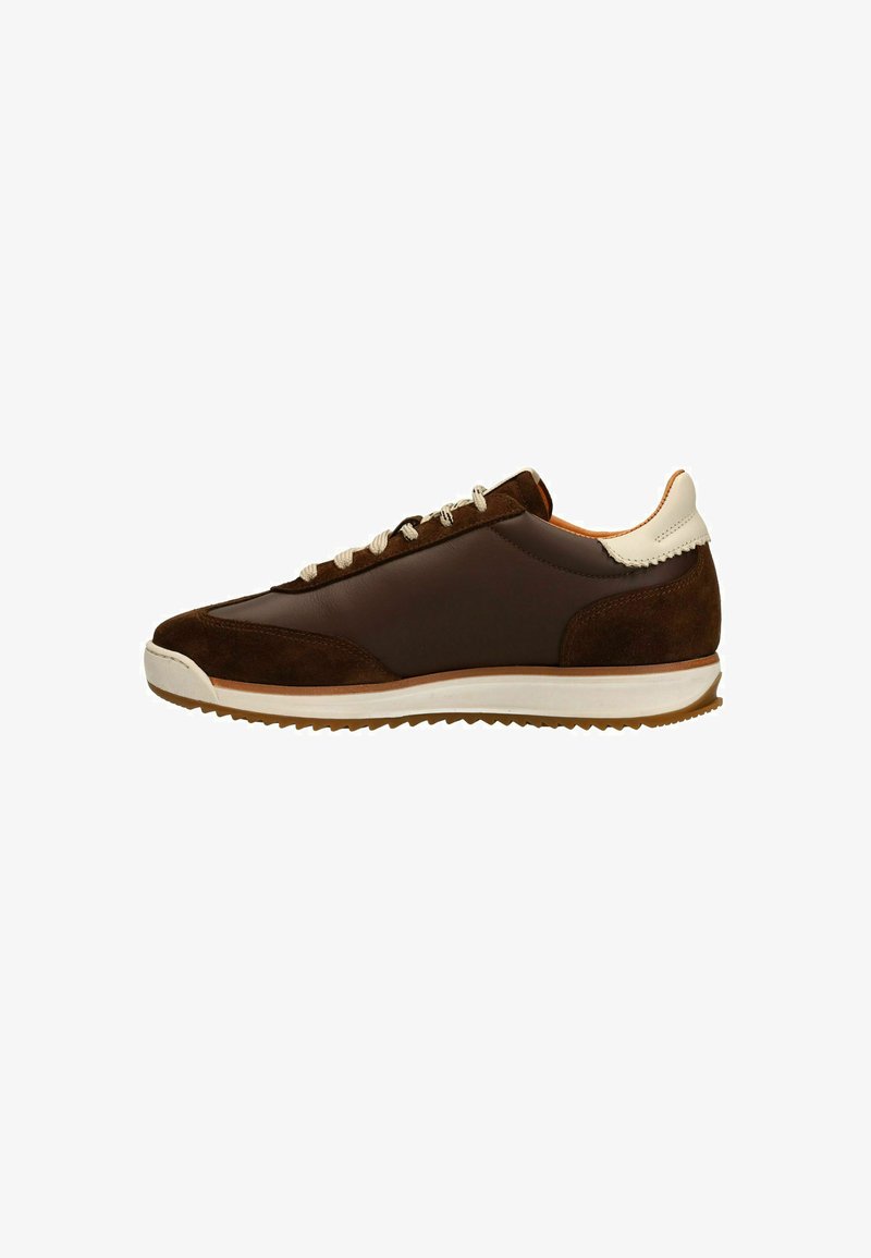 Brown suede and leather sneaker with a cream accent at the heel, featuring beige laces and a rubber sole with a textured grip.