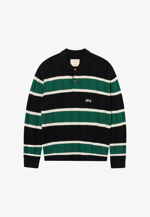 Poloshirt met lange mouwen met zwarte, groene en witte horizontale strepen, twee bruine knopen en een klein wit logo op de borst.