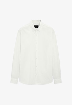 Vit långärmad skjorta med knapp-up och nedknäppt krage samt standardmanschetter, uppvisad platt mot en vit bakgrund.