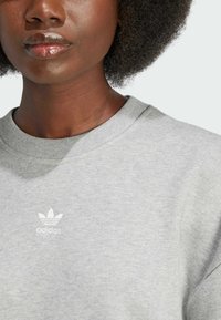 Grå sweatshirt med rund hals, ribbet krave og et hvidt Adidas-logo på brystet, fremstillet i et blødt, struktureret stof.