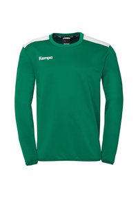 Groene sportshirt met lange mouwen en witte schouderaccenten. Heeft een ronde halslijn en het "Kempa" logo in het wit op de borst.