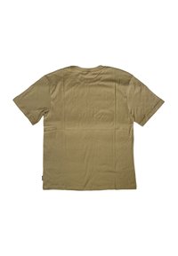 Kurze Ärmel, olivgrünes Baumwoll-T-Shirt mit Rundhalsausschnitt, glatter Textur und minimalen Nähdetails. Rückansicht.
