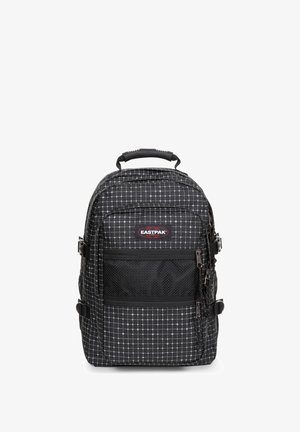 Černobílý kostkovaný batoh s přední síťovou kapsou, horním uchopovacím držadlem, nastavitel straps a zipy, s logem Eastpak.