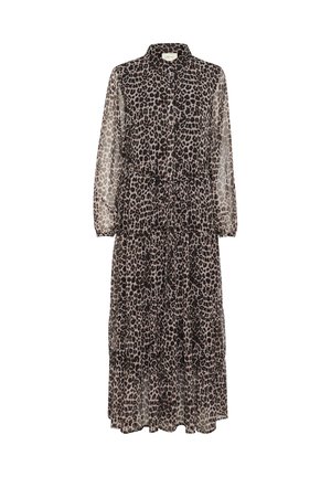 Kleid mit Leopardenmuster in Schwarz- und Brauntönen, langen durchsichtigen Ärmeln, Kragen und einer Bindegürtel. Verfügt über gestufte Lagen.