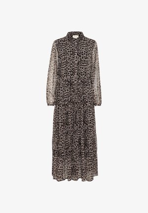 Lepardprint jurk met een zwart en bruin kleurenschema, lange doorzichtige mouwen, een kraag halslijn en een strik taille. Bevat gelaagde tiers.
