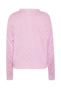 Maglione lavorato a maglia rosa chiaro con un motivo testurizzato, dotato di scollatura a girocollo e polsini e orlo a costine. Vista posteriore, maniche lunghe visibili.