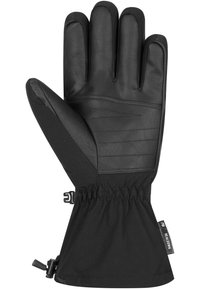 Schwarze gefütterte Handschuhe mit Lederhandfläche, textilem Obermaterial und elastischem Bund. Verfügt über diagonale Nähte und einen Riemen für eine verstellbare Passform.