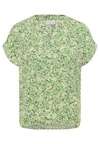Kortärmad blus i ett lätt, texturerat tyg med ett blommigt mönster i olika nyanser av grönt på en ljusgul bakgrund.