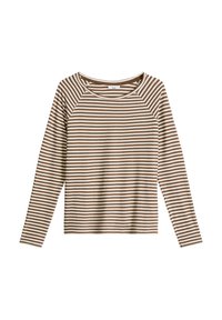 Langarmshirt mit Rundhalsausschnitt, horizontalen beige-weißen Streifen, Raglanärmeln und braunem Innenkragenbesatz.