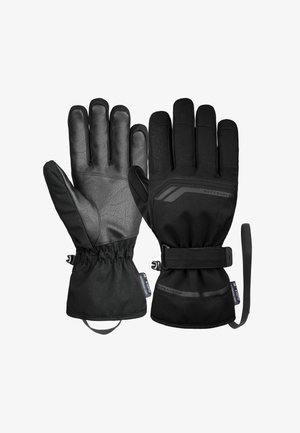 Black gloves featuring a leather palm and softshell fabric, adjustable wrist straps, elastic cuffs, and a sleek design with logo accents.
