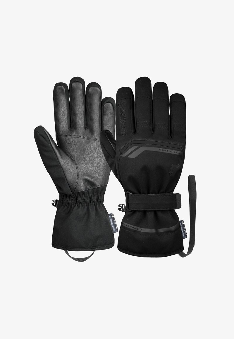 Guanti neri con palmo in pelle e tessuto softshell, cinturini regolabili ai polsi, polsini elasticizzati e un design elegante con accenti del logo.