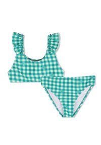 Σετ μπικίνι τιρκουάζ με καρό μοτίβο gingham και σχεδιασμό με βολάν στον ώμο. Διαθέτει καρό μοτίβο και ελαστική μέση για άνεση.