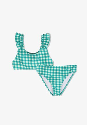 Turkis gingham-bikini med volangdetaljer på skuldrene. Har rutete mønster og elastisk midjebånd for komfort.