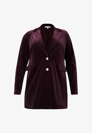 Burgunderroter Samtblazer mit Reverskragen, zwei Vorderaschen und drei goldenen Knöpfen vorne. Glatte Textur, lange Ärmel.