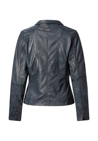 Dunkelblaue Lederjacke mit einer taillierten Silhouette, sichtbaren Nähten und einem klassischen Kragen. Mit gepanelten Details und langen Ärmeln ausgestattet.