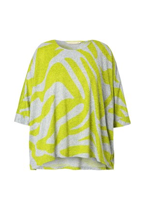 Szary, oversize t-shirt z żywym, żółtym wzorem zebra. Miękka struktura, krótkie rękawy i okrągły dekolt.