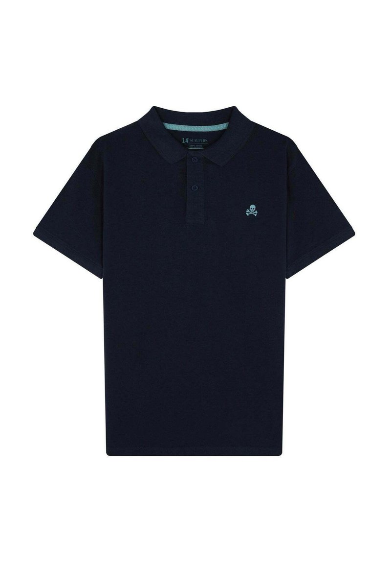 Polo azul marino de algodón con cuello, mangas cortas y un pequeño emblema de calavera turquesa en el lado izquierdo del pecho.