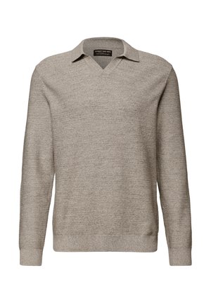 Miesten pitkähihaisen, beigen neuleen hihansuut ja helmassa resorit, V-kauluksellinen paita taitetulla kaulukselapulla, teksturoitu kangas.