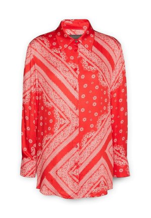 Rode button-up shirt met witte paisley- en bloemmotieven, lange mouwen en een puntige kraag, gemaakt van een gladde, lichte stof.