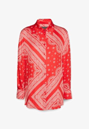 Rotes Hemd mit Knopfleiste, das weiße Paisley- und Blumenmuster zeigt, lange Ärmel und einen spitzen Kragen hat, aus einem glatten, leichten Stoff gefertigt.