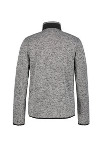 Gray sweater with a textured, flecked pattern; black collar, long sleeves, and trim at the hem. Back view, no visible fasteners.
