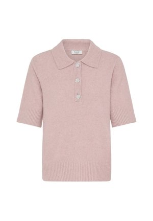 Šviesiai rožinė trumpomis rankovėmis polo megztinis, pagamintas iš minkštos medžiagos, su raukšlėtu apačiu ir trimis dekoratyviniais mygtukais, kuriuos puošia gėlių raštas.