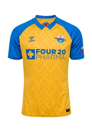 Yellow and blue SC Paderborn 07 soccer jersey with sponsor logos and patterned yellow front, blue sleeves, and collar.