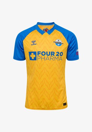 Yellow and blue SC Paderborn 07 soccer jersey with sponsor logos and patterned yellow front, blue sleeves, and collar.