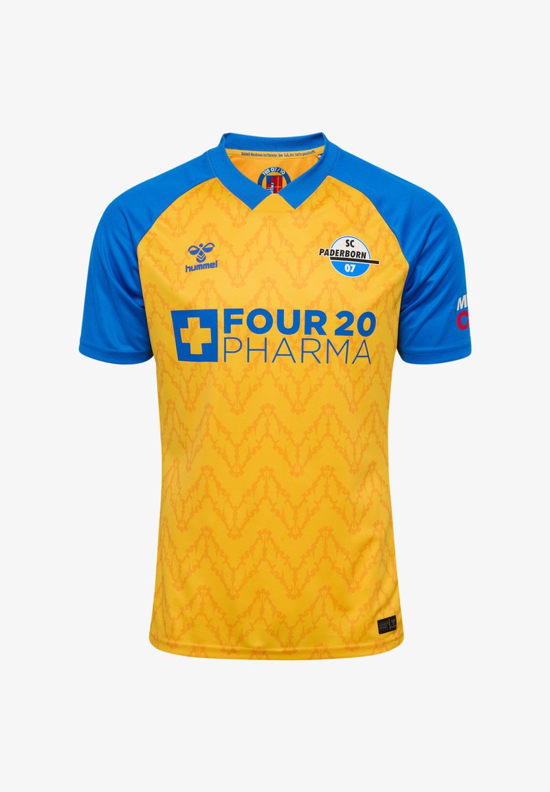 Camisa de futebol amarela e azul do SC Paderborn 07 com logos de patrocinadores e frente amarela padrão, mangas azuis e gola.