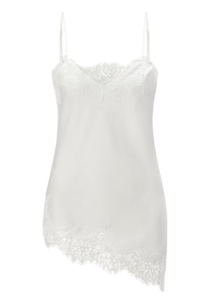 Weiße Satincamisole mit verstellbaren Trägern, versehen mit einem zarten Spitzenbesatz am Ausschnitt und einem asymmetrischen Saum. Glatte Textur, feminines Design.