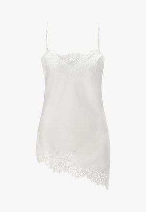Weiße Satincamisole mit verstellbaren Trägern, versehen mit einem zarten Spitzenbesatz am Ausschnitt und einem asymmetrischen Saum. Glatte Textur, feminines Design.